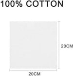 Graphic diagram showing a plain square labeled 20CM by 20CM with large text declaring 100% COTTON above the square.