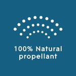 Blue square badge graphic with dotted arch above the centered text reading "100% Natural propellant."