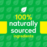 Green patterned graphic reading '100% naturally sourced ingredients' with a white leaf icon