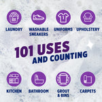 Infographic with icons for laundry, sneakers, uniforms and upholstery and headline ‘101 uses and counting’