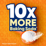 Graphic orange background with large text '10x MORE Baking Soda' and a scoop of white baking soda spilling.