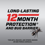 Graphic text stating long-lasting 12 month protection and bug barrier with a photo illustration of an ant