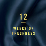Dark blue fabric background with gold text stating '12 Weeks of Freshness' as a product benefit graphic.