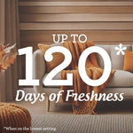 Promotional image showing a cozy sofa and large text proclaiming “Up to 120 Days of Freshness” for the fragrance