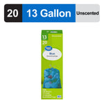 Graphic bar showing 13 gallon and 20 with unscented label above a single Great Value blue bag box image
