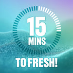 Graphic countdown circle reading “15 MINS” over textured fabric with callout “TO FRESH!”