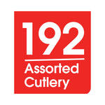 Red square badge with large white numbers '192' above the words 'Assorted Cutlery' in white