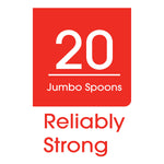 Red badge graphic reading '20 Jumbo Spoons' above the words 'Reliably Strong' on a white background