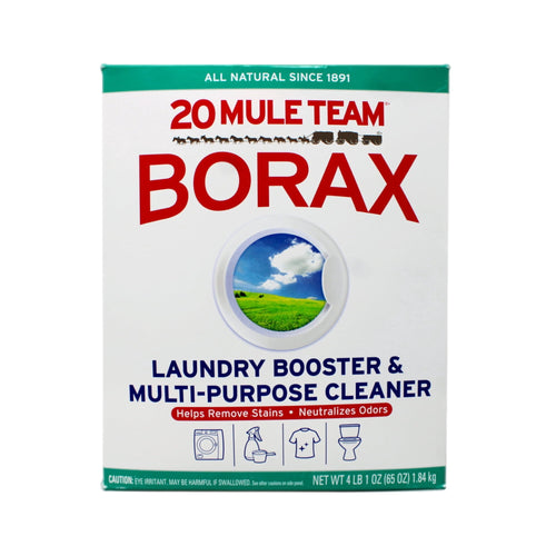 Front-facing 20 Mule Team Borax cardboard box showing large BORAX logo and laundry booster text.