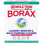 Front-facing 20 Mule Team Borax box with laundry booster and multi-purpose cleaner branding and circular landscape window