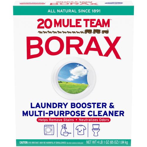 Front-facing 20 Mule Team Borax box with laundry booster and multi-purpose cleaner branding and circular landscape window