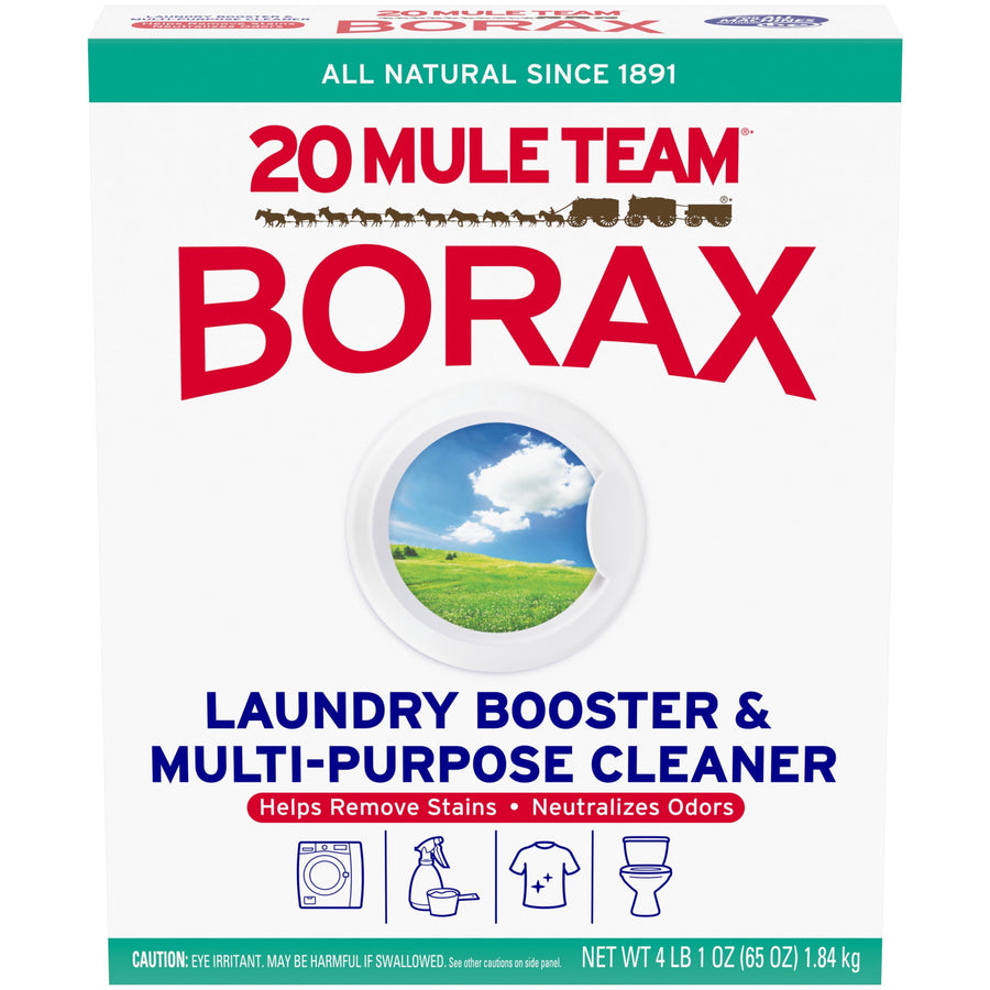 Front-facing 20 Mule Team Borax box with laundry booster and multi-purpose cleaner branding and circular landscape window