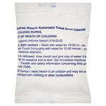 White sealed pouch with blue printed warning and usage text for 2000 Flushes concentrated bleach toilet cleaner tablet.