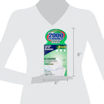 Graphic mockup showing 2000 Flushes concentrated bleach retail box overlaid on silhouette with 8" by 4" size callouts.
