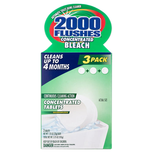 Front retail box of 2000 Flushes concentrated bleach automatic toilet bowl cleaner with 3 pack callout.