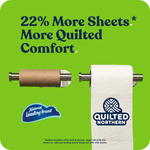 Green promotional image showing empty toilet paper roll beside a full roll with Quilted Northern logo and '22% More Sheets' text