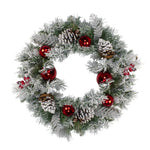 24" Flocked Pine Red Ball Berries & Silver Cedar Artificial Christmas Wreath - Unlit