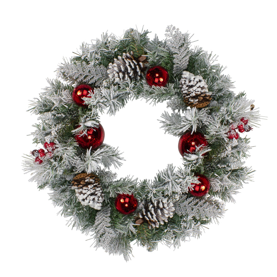 24" Flocked Pine Red Ball Berries & Silver Cedar Artificial Christmas Wreath - Unlit