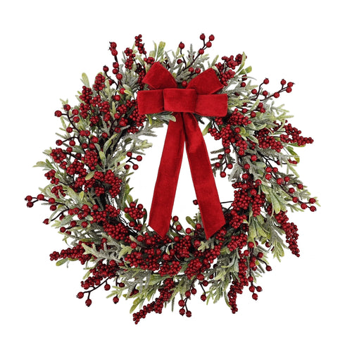 Frosted Evergreen and Eucalyptus Artificial Christmas Wreath with Berries and Bow, Red and Green, 24", by Holiday Time