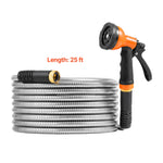 Coiled stainless-steel garden hose beside an orange-and-black multi-pattern spray nozzle on white background with 'Length: 25 ft' text.