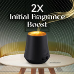 Graphic highlighting 2x initial fragrance boost featuring a black diffuser on a round table with stylized scent waves