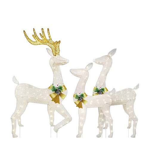3-Piece Lighted Reindeer Outdoor Christmas Decoration – Warm White LED Deer Family with Ground Stakes – Waterproof Yard Garden Lawn Holiday Lights