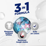 Graphic showing a washing machine drum and icons illustrating a 3-in-1 formula: maintains whites, removes stains, safe on colors