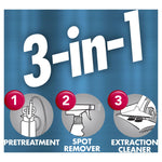 Blue infographic panel reading '3-in-1' with three circles labeled pretreatment, spot remover and extraction cleaner