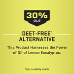 Yellow graphic panel stating '30% OLE' and 'DEET-free alternative' with explanatory text beneath