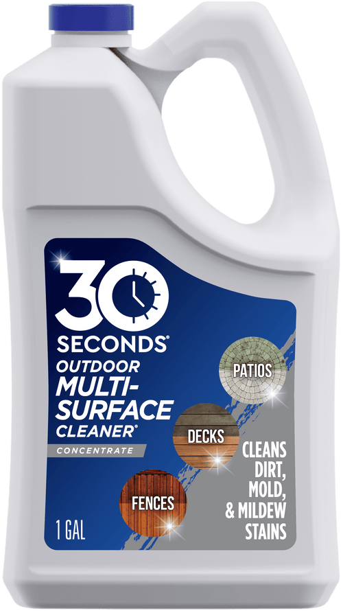 White one-gallon jug of 30 Seconds Outdoor Multi-Surface Cleaner concentrate with blue label showing patios, decks and fences icons