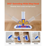Graphic showing a spray mop head swiveling 360 degrees with examples cleaning walls, under sofa, under bed and windows