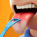 Close-up 3D render of a blue tongue scraper removing coating from a stylized tongue and teeth