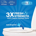 Graphic close-up showing toilet bowl and text proclaiming 3X fresh strength with WALEX logo and drop-in pod illustration