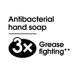 Black text graphic stating “Antibacterial hand soap” and “3x Grease fighting” on white background