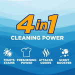 Blue graphic panel with large text 4 in 1 cleaning power and icons for fights stains, freshening, attacks odors, scent booster