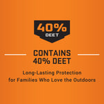 Orange panel stating contains 40% DEET with bold emblem and text about long-lasting protection for outdoor families