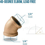 Diagram-style image of a brass 45-degree elbow fitting with callouts showing 1/4" FIP inner diameter and a 45° angle graphic.