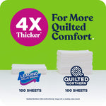 Green infographic comparing stacked sheets labeled '4X Thicker' with Quilted Northern logo and '100 sheets' text