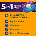 Graphic panel showing 5 in 1 power paks benefits with icon list and an illustration of a detergent pak