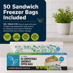 Graphic panel showing '50 Sandwich Freezer Bags Included' above a Lunchskins compostable sandwich bag and product box on a kitchen counter.