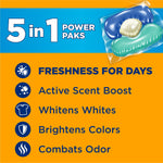 Graphic panel showing a 5-in-1 power pak capsule and a list of benefits like freshness and brightening