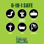 Green graphic titled ‘6-in-1 Safe’ with six white icons for pipes, disposals, septic, sinks, tubs and showers