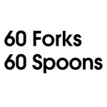 Bold black text on white background stating ‘60 Forks 60 Spoons’ as a product detail graphic
