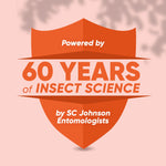 Shield-style graphic reading “Powered by 60 Years of Insect Science by SC Johnson Entomologists” on pink background