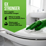 Close-up infographic showing a gloved hand wiping a toilet seat and text claiming '6X stronger' with cleaning tips