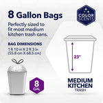 Informational graphic showing 8 gallon bag dimensions and a trash can outline for medium kitchen use.