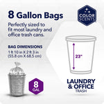 Informational graphic showing '8 Gallon Bags' dimensions and a 23" height diagram for laundry and office trash cans.
