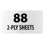 White label close-up with bold black text reading “88 2-PLY SHEETS” on a plain background