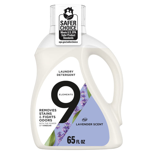 Front-facing bottle of 9 Elements lavender laundry detergent with large black '9' label and Safer Choice badge