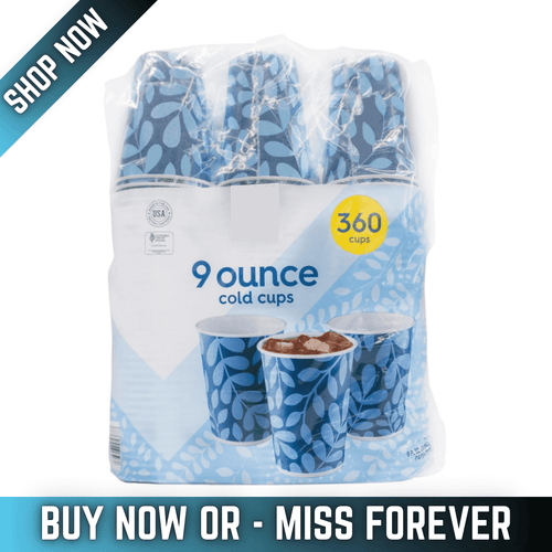 Clear shrink-wrapped package of 9 ounce disposable cold cups with blue leaf print and a yellow “360 cups” badge